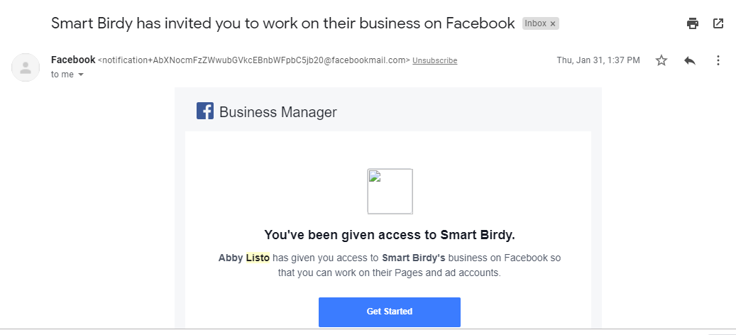 Facebook Business manager invitation by smart birdy